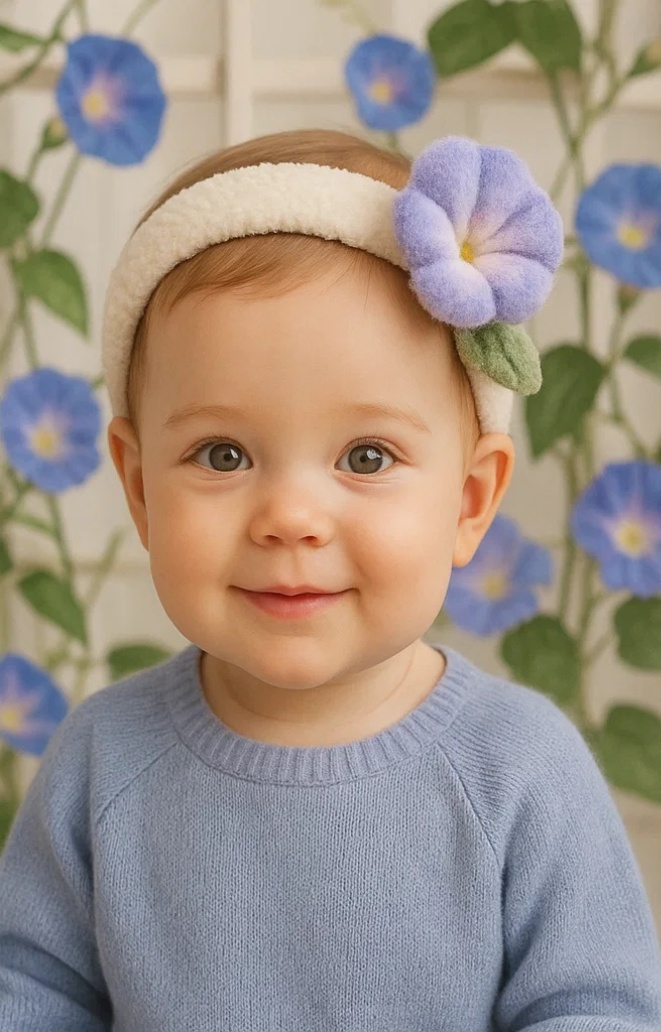 Dětská čelenka s odnímatelným oranžovým květem, ideální pro fotografování, jemná a pohodlná