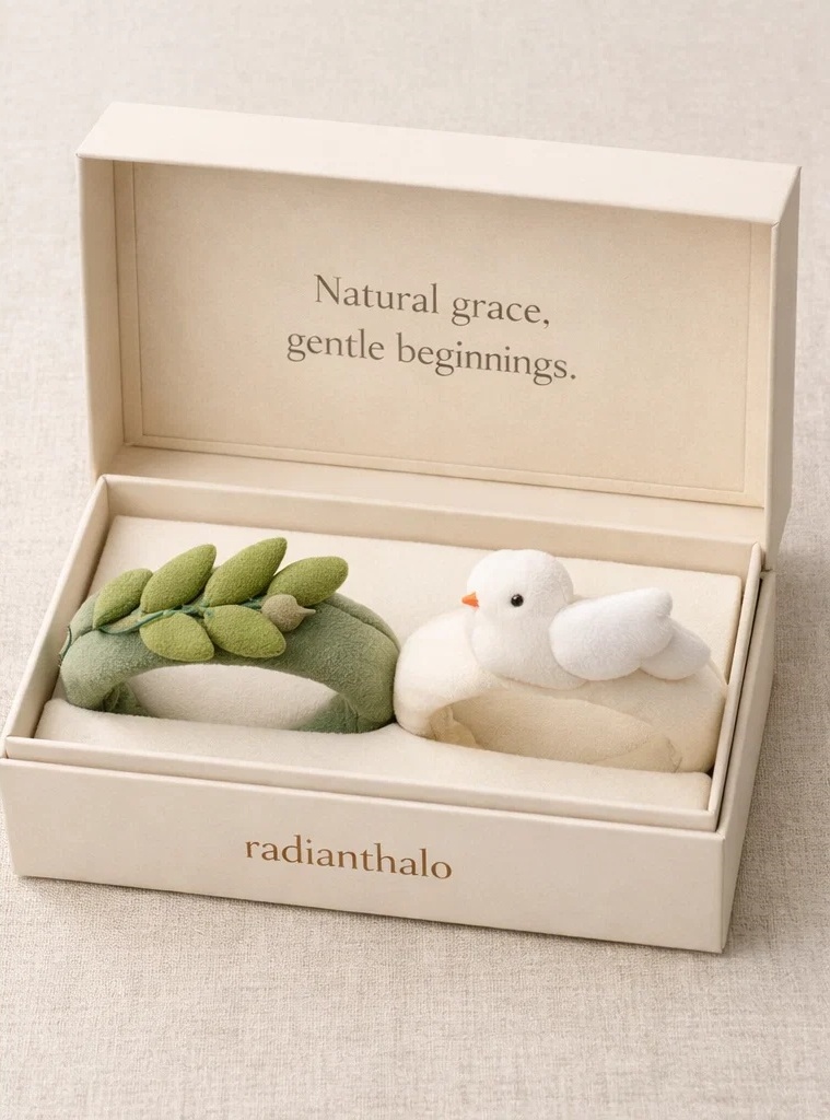 Wholesale Natural Grace Leaf & Dove Removable Plush Baby Headband Gift Set for Boutique Infant Collections
