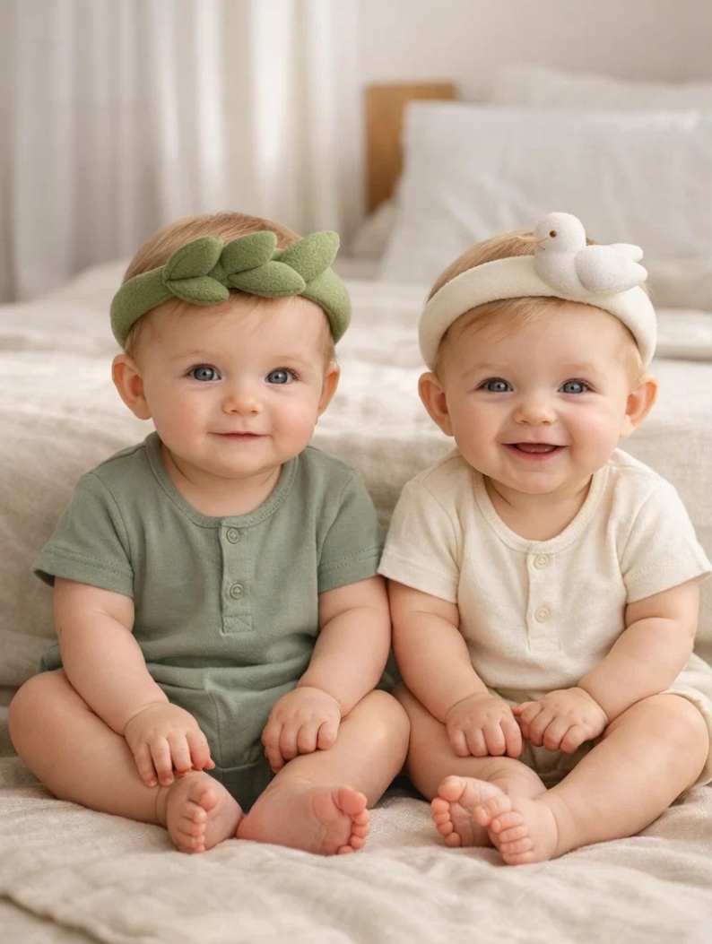 B2B Gentle Beginnings Leaf & White Dove Removable Plush Baby Headband Set for Boutique Collections