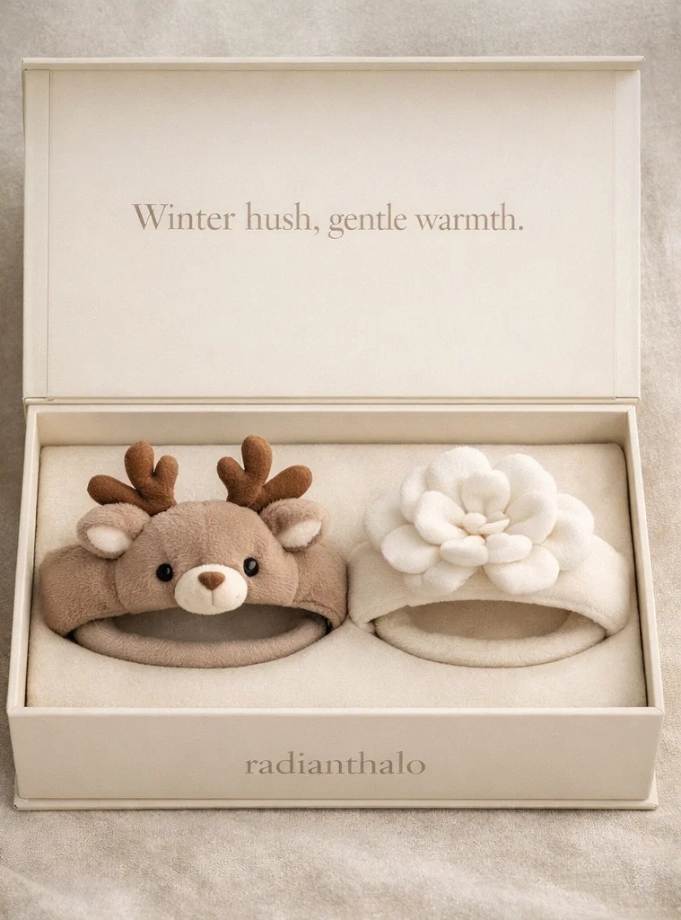 Wholesale Winter Hush Deer & Bloom Removable Plush Baby Headband Gift Set for Boutique Infant Collections