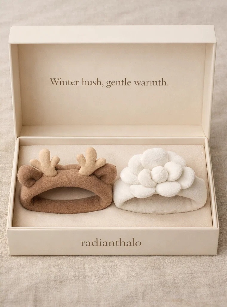 OEM Winter Hush Deer & Ivory Flower Plush Baby Headband Set with Premium Gift Box for Infant Retail