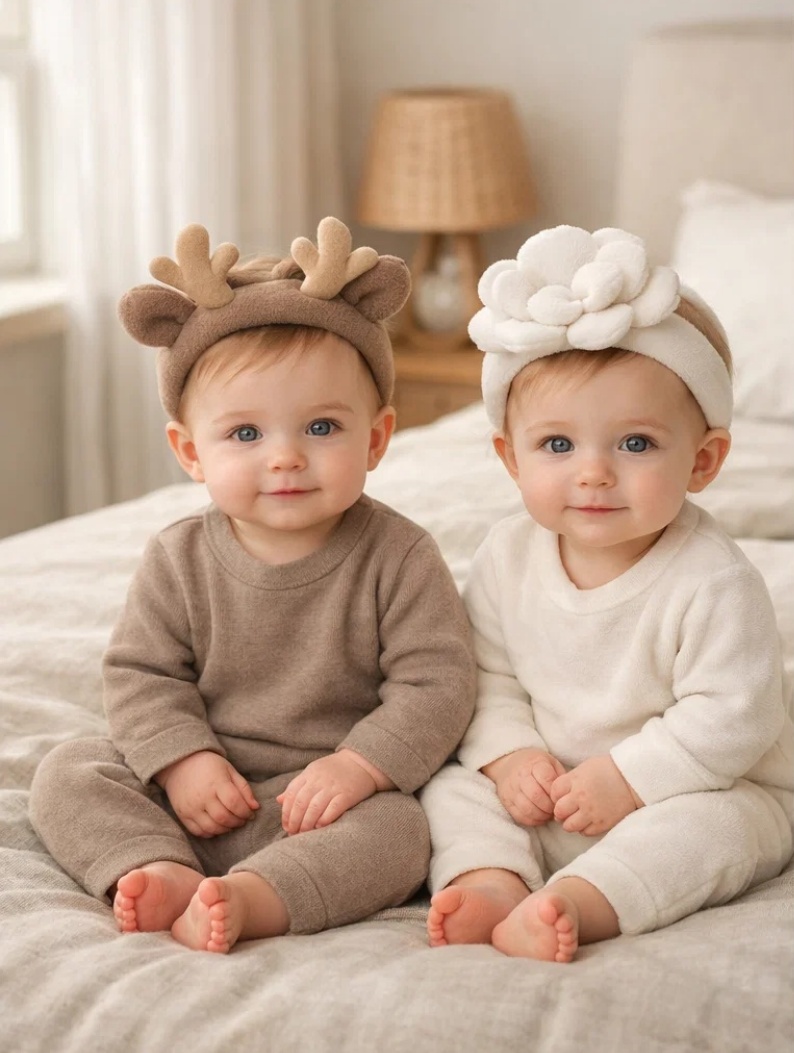 Wholesale Winter Hush Woodland Deer & Ivory Bloom Plush Baby Headband Set in Premium Gift Box