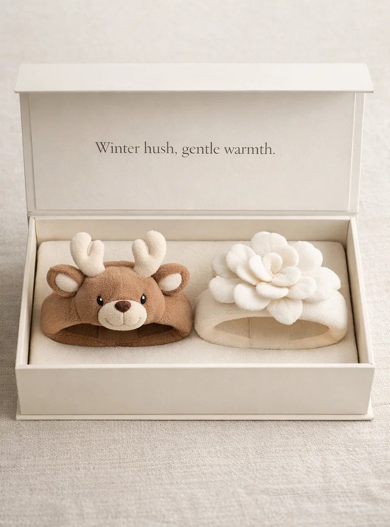 Wholesale Winter Hush Woodland Deer & Ivory Bloom Plush Baby Headband Set in Premium Gift Box