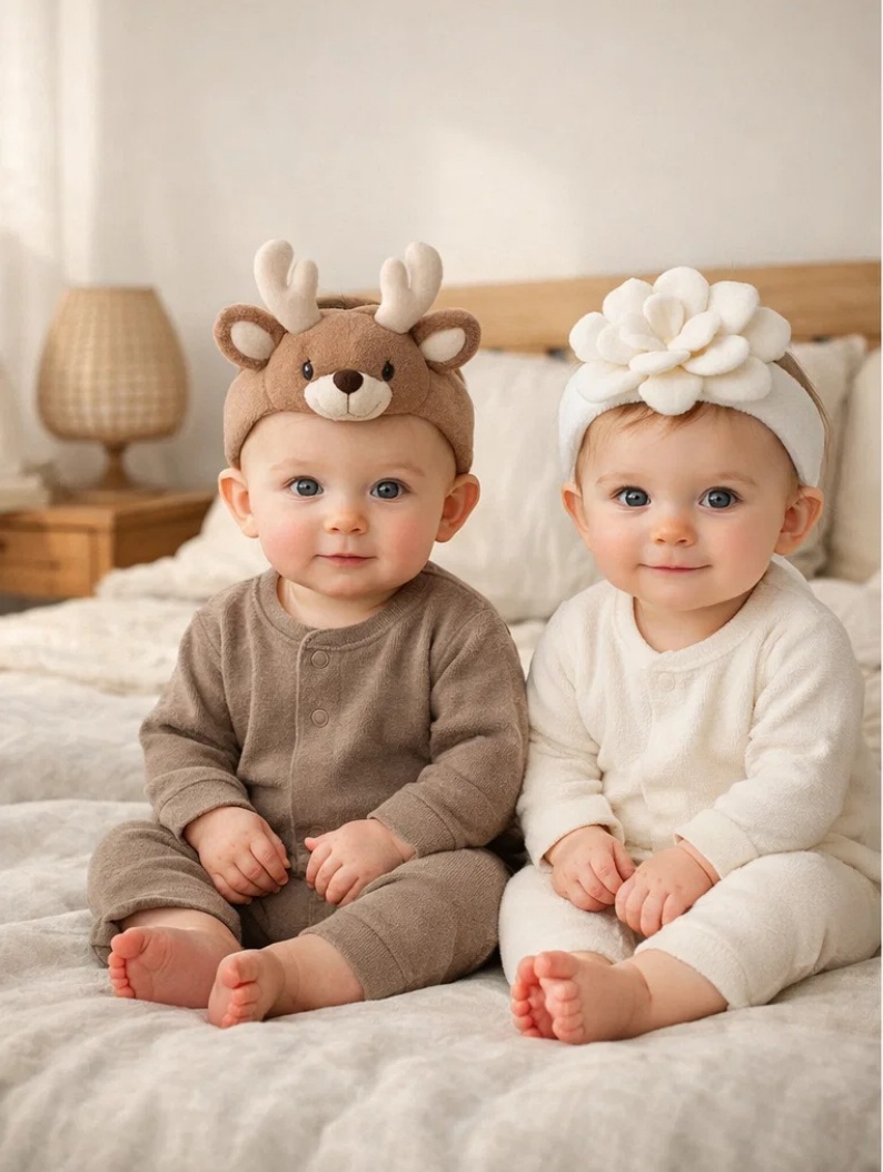 OEM Winter Hush Deer & Ivory Flower Plush Baby Headband Set with Premium Gift Box for Infant Retail