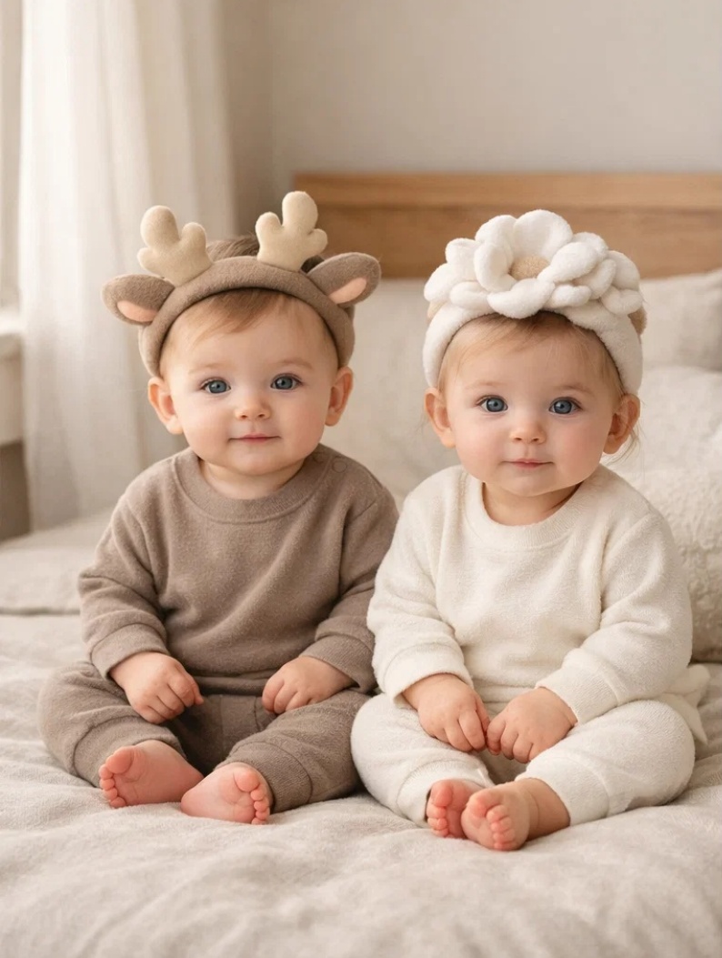 OEM Winter Hush Deer & White Flower Removable Plush Baby Headband Gift Set for Premium Infant Retail