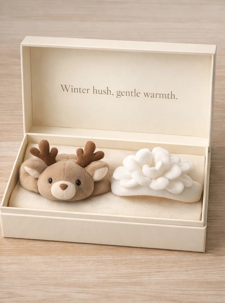 Wholesale Winter Hush Deer & Layered White Flower Plush Baby Headband Set for Boutique Gift Collections