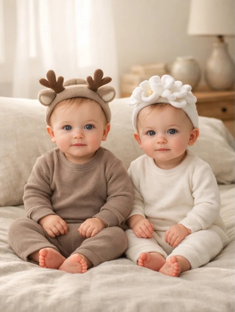 Wholesale Winter Hush Deer & Layered White Flower Plush Baby Headband Set for Boutique Gift Collections