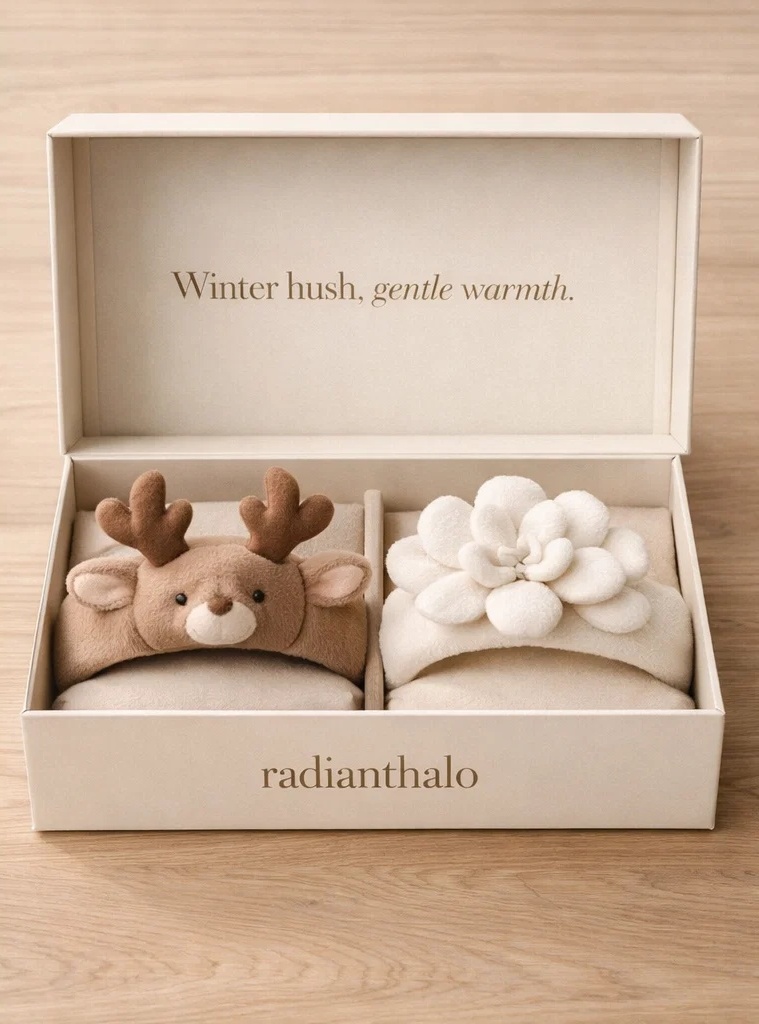 B2B Winter Hush Deer & White Blossom Removable Plush Baby Headband Set for Premium Infant Collections