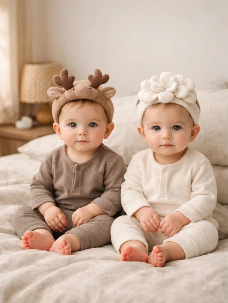 B2B Winter Hush Deer & White Blossom Removable Plush Baby Headband Set for Premium Infant Collections