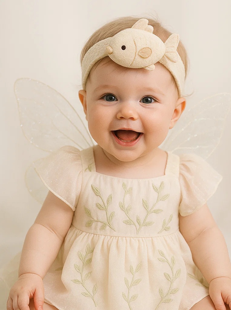Bandeau bébé avec décoration amovible – petit poisson beige pour séance photo
