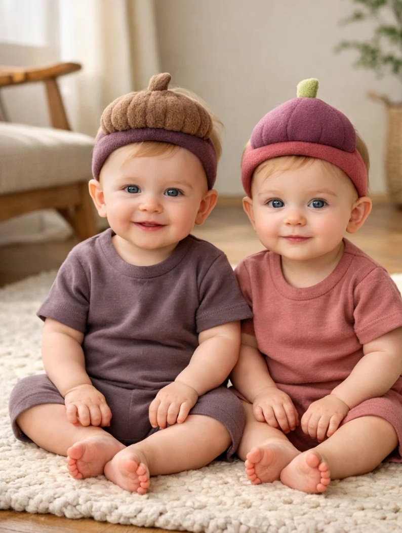 OEM Earth Tone Acorn & Plum Plush Baby Headband Set with Premium Gift Box for Infant Retail