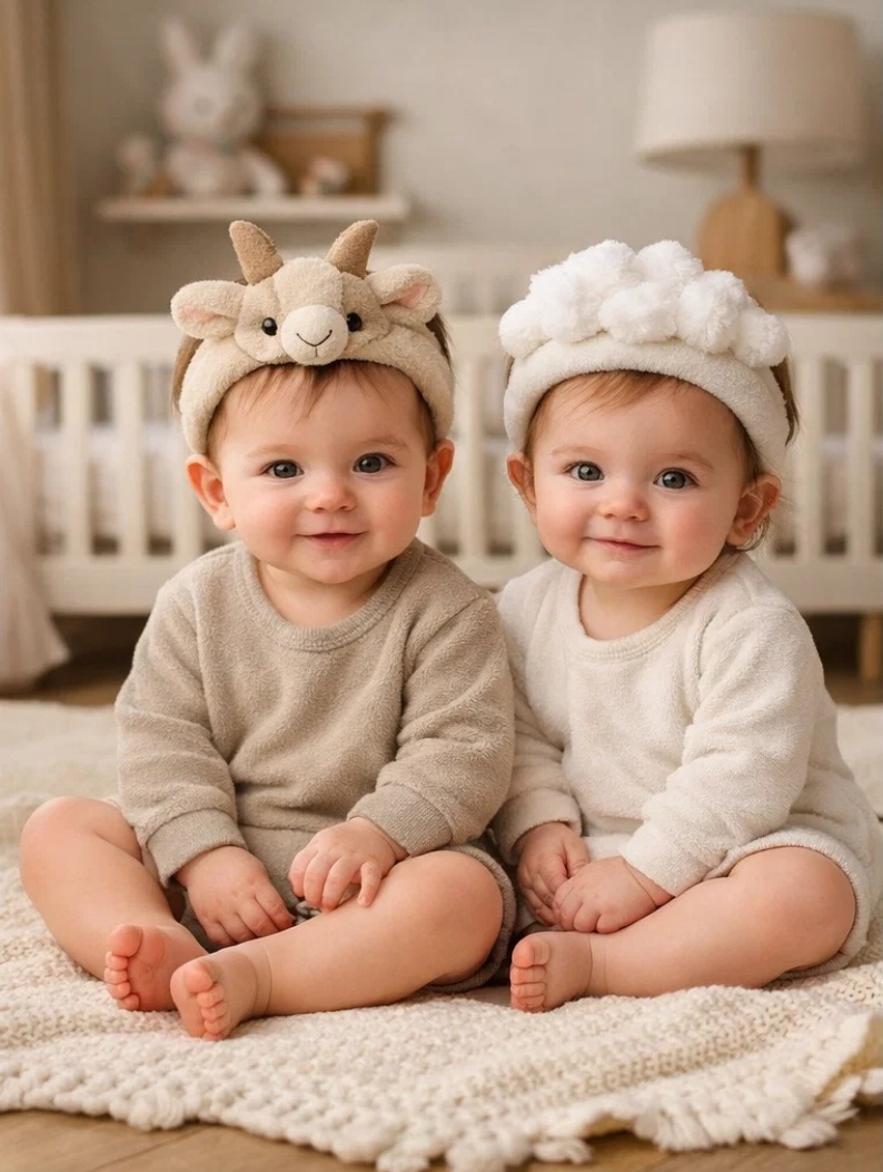 Velkoobchodní sada plyšových dětských čelenek Alpská kozička a Obláček v krémovém boxu pro butikové kolekce