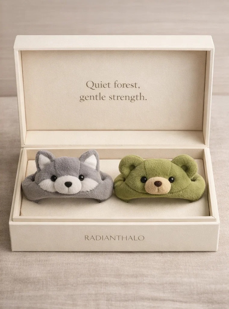 Removable Wolf & Bear Plush Baby Headband Set for Forest-Themed Retail Collections, Infant Gift Boxes and Boutique Baby Stores