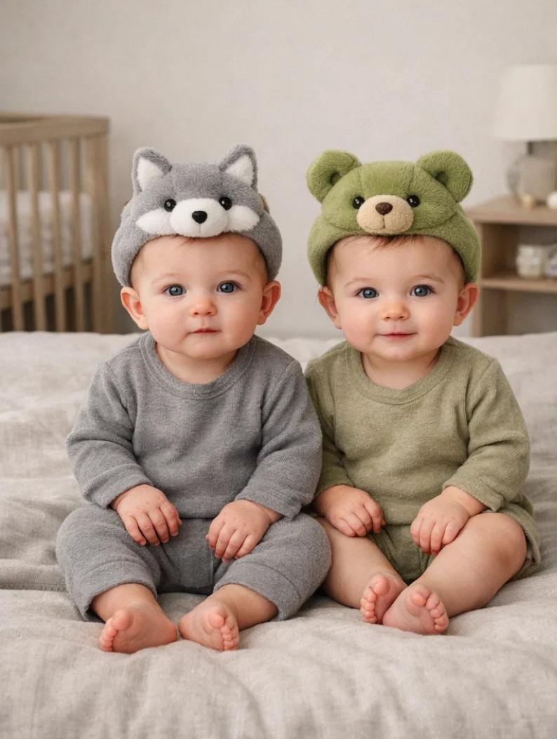 Removable Wolf & Bear Plush Baby Headband Set for Forest-Themed Retail Collections, Infant Gift Boxes and Boutique Baby Stores
