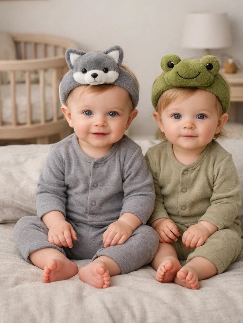 Premium Wolf and Frog Detachable Doll Headband Set for Infant Gift Programs, Boutique Display and Baby Photo Accessory Ranges