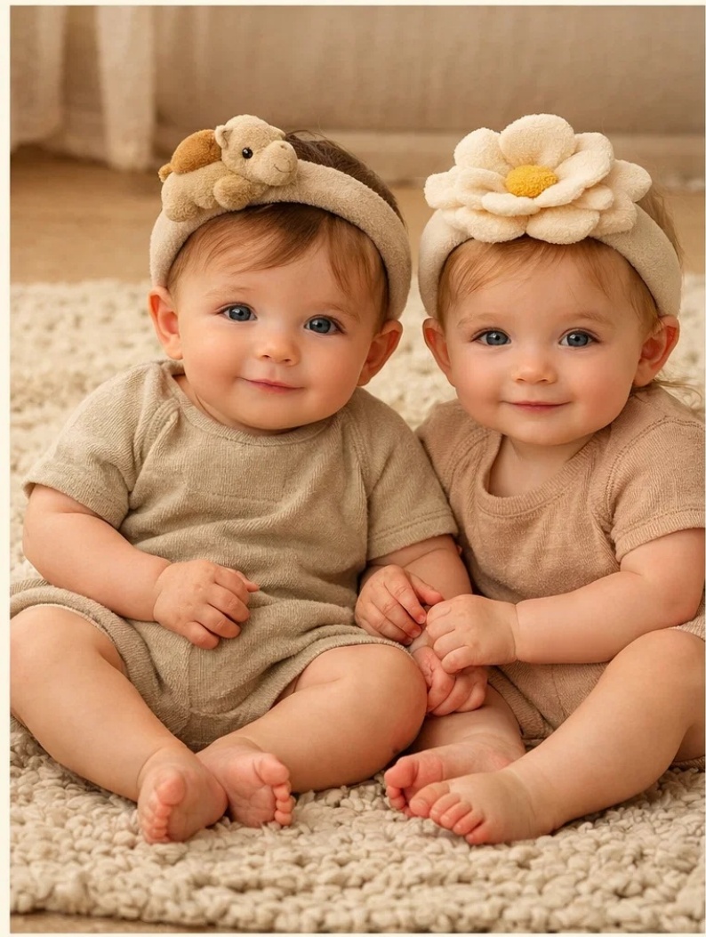 Removable Puppy & Daisy Plush Baby Headband Set for Warm-Tone Gift Collections, Baby Boutiques and Photo Styling Accessories