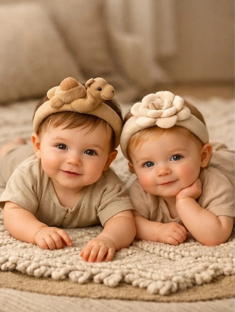 Camel & Rose Removable Plush Baby Headband Duo for Boutique Gift Sets, Soft Neutral Baby Collections and Infant Fashion Retail