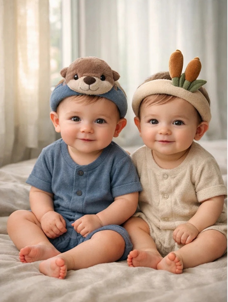 Removable Otter and Cattail Plush Baby Headbands for Boutique Retail and Seasonal Gift Programs