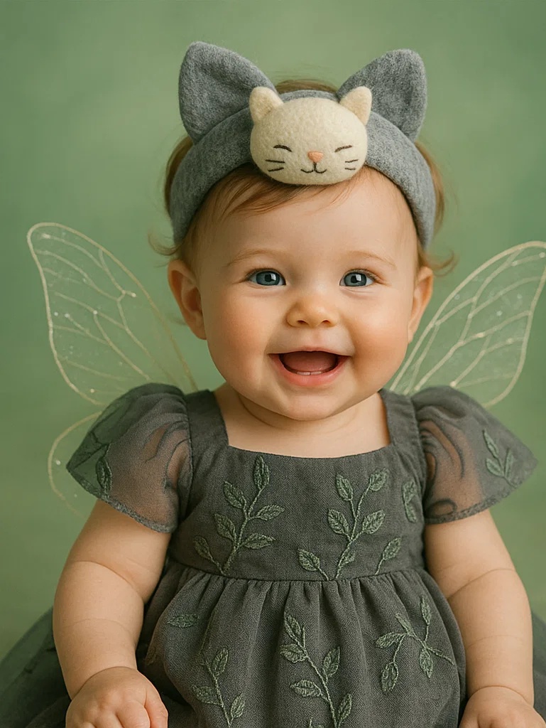 Grey Cat Headband Baby Dress with Angel Wings - Cute and Fun Design for Toddlers