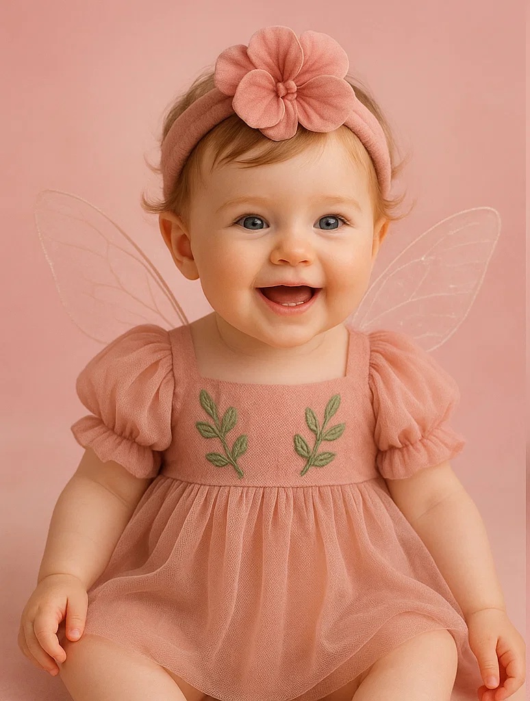 Bandeau bébé à deux fleurs – Style conte de fées rose