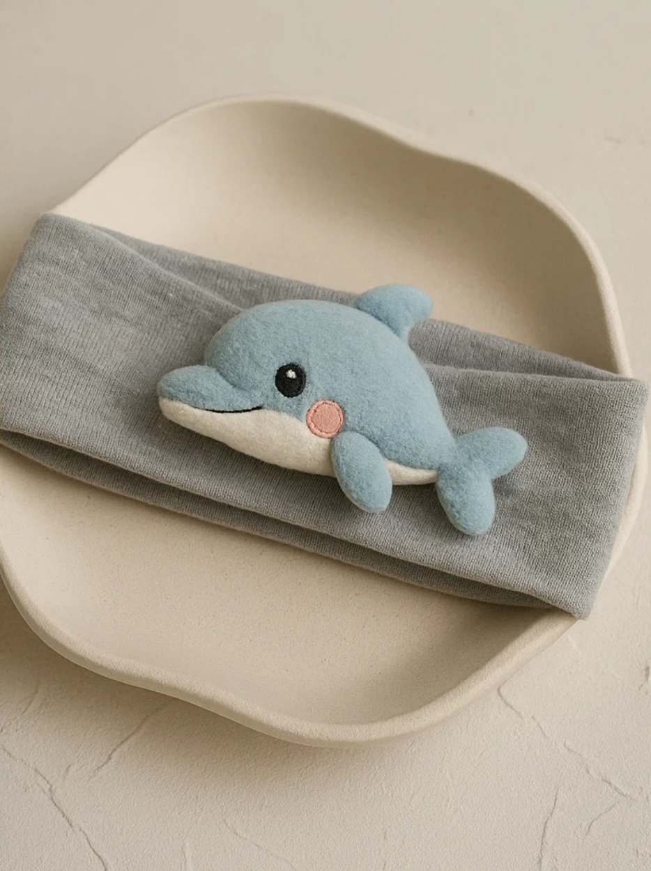 Soft Plush Dolphin Baby Headband – Grey Band with Teal Cartoon Animal Embellishment for Infant Photoshoots
