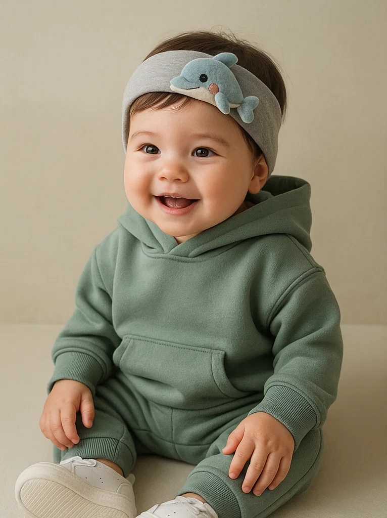 Soft Plush Dolphin Baby Headband – Grey Band with Teal Cartoon Animal Embellishment for Infant Photoshoots