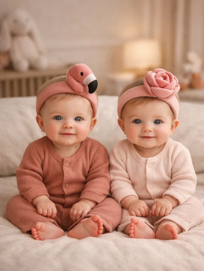Removable Flamingo & Rose Plush Baby Headband Set for Boutique Gift Collections, Newborn Styling and Photo Props