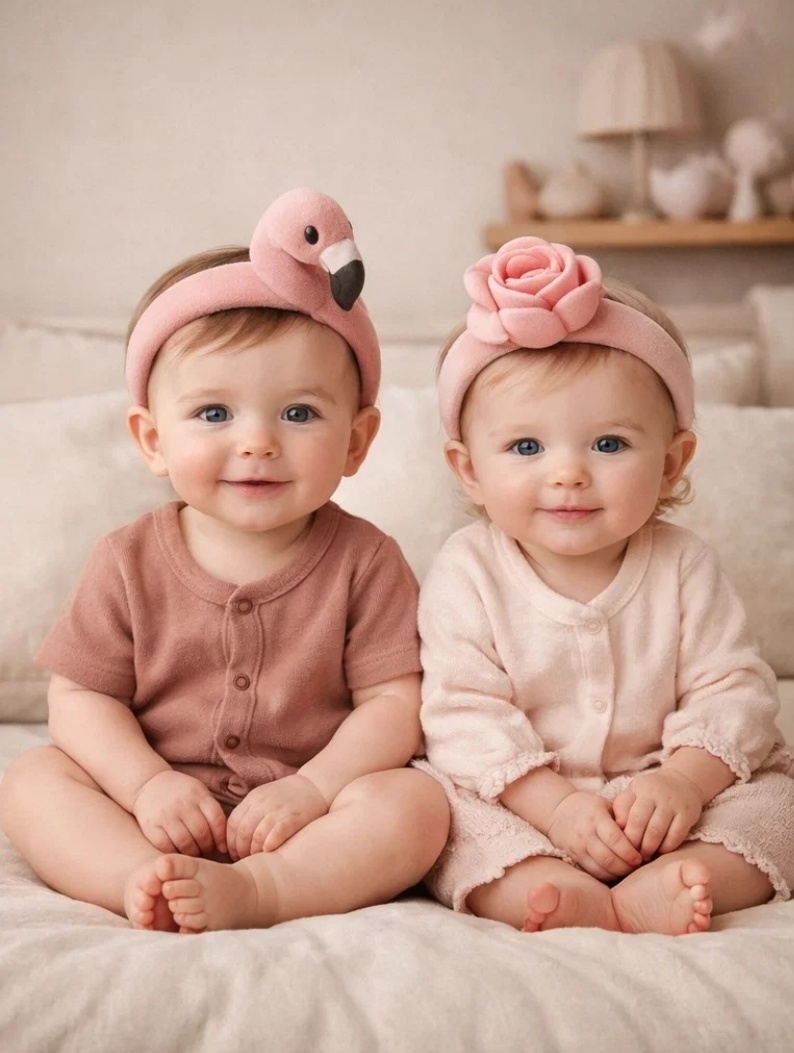 Premium Flamingo & Rose Detachable Plush Baby Headband Duo for Baby Boutiques, Gift Programs and Newborn Photos