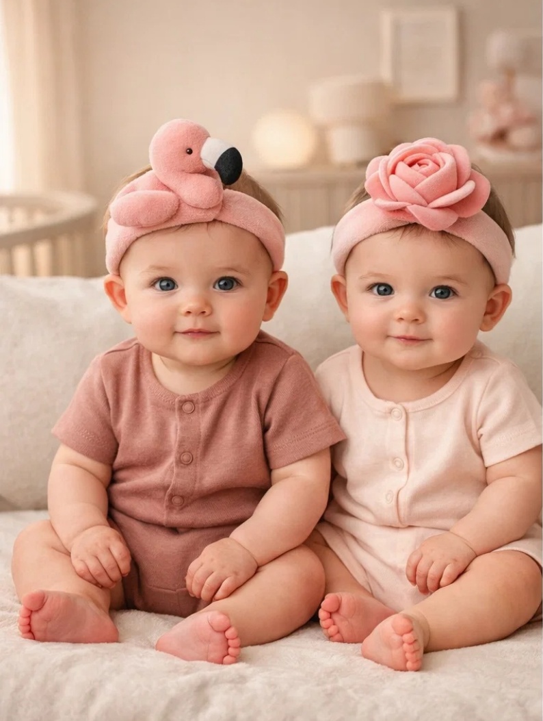 Luxury Flamingo & Rose Plush Infant Headband Set in Gift Box for Boutique Baby Stores and Photo Styling
