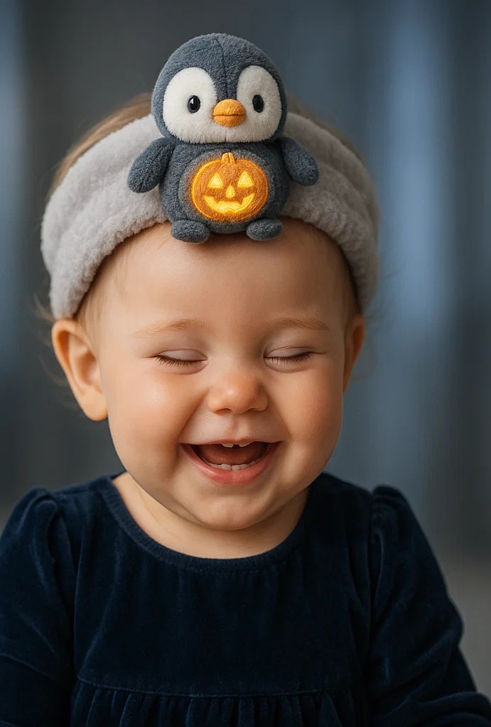 Penguin Plush Baby Headband with Halloween Pumpkin for Trendy Photoshoots