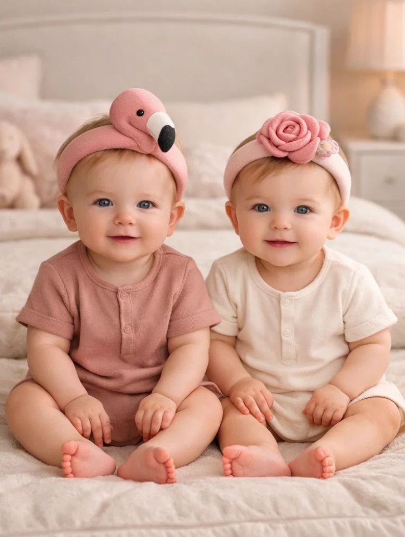 Removable Flamingo & Rose Doll Baby Headbands for Gift Retail, Baby Boutiques and Blush-Themed Collections