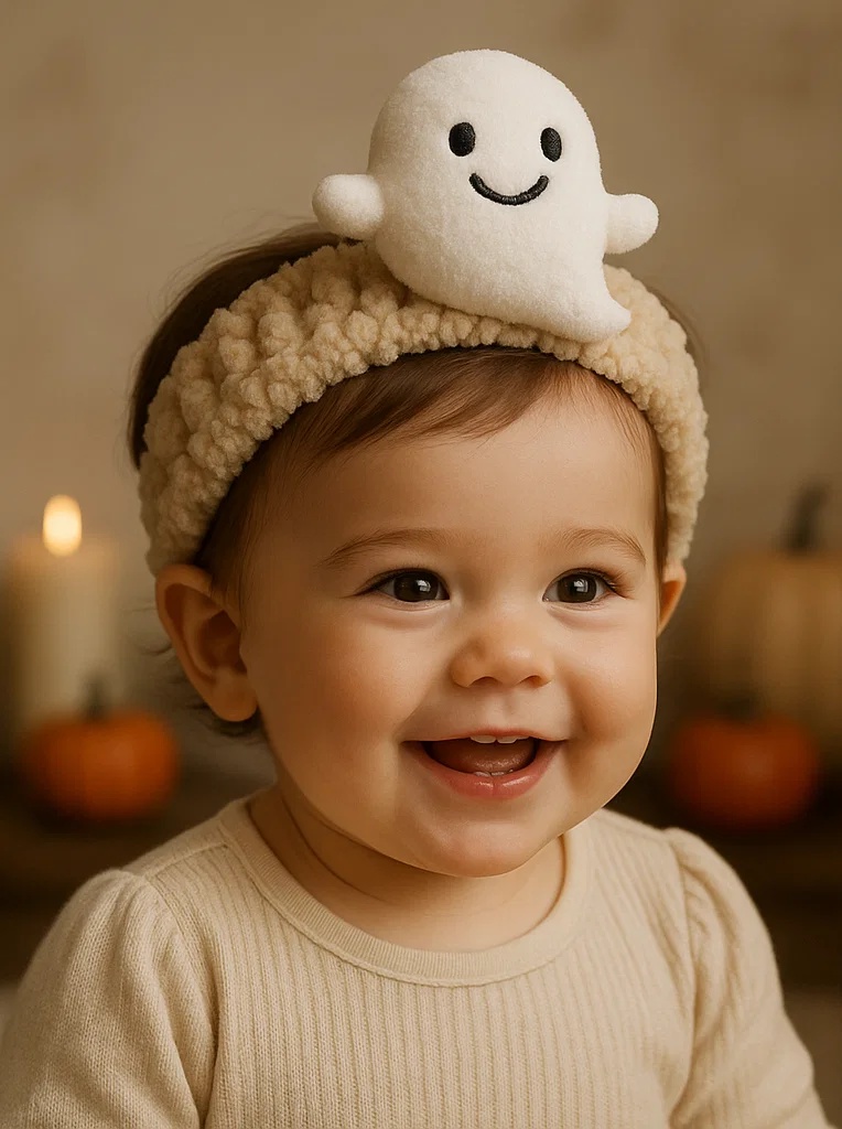 Bentiță moale pentru bebeluși cu fantomă zâmbitoare – Perfectă pentru Halloween și poze drăguțe