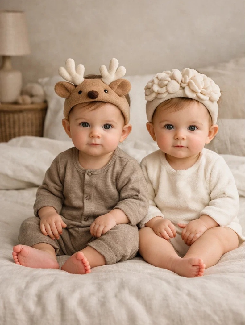 Removable Deer & Blossom Plush Baby Headband Set for Boutique Gift Collections, Neutral Nursery Styling and Baby Photos