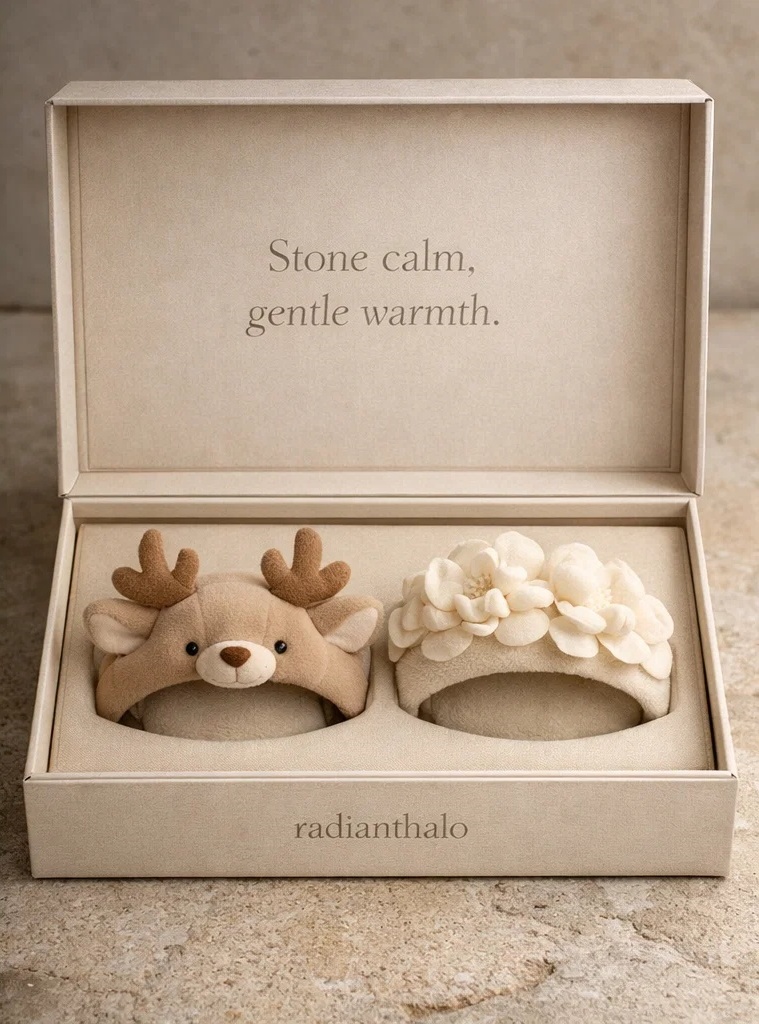 Premium Deer & Blossom Detachable Plush Baby Headband Duo for Baby Boutiques, Gift Programs and Neutral Collections