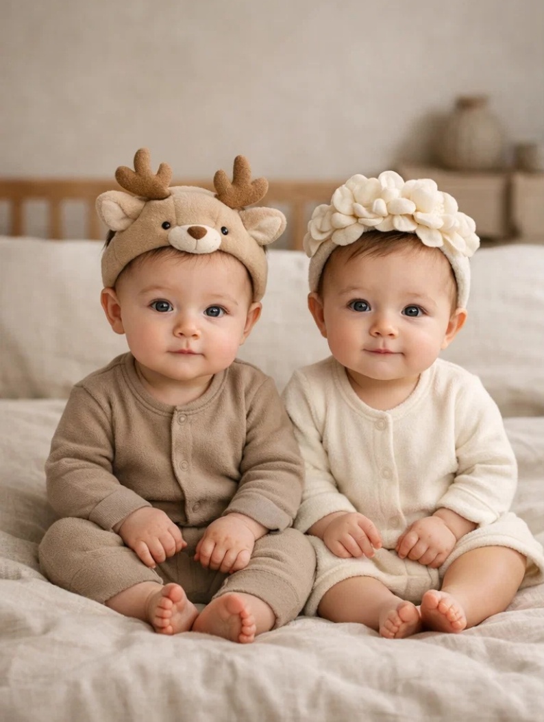 Premium Deer & Blossom Detachable Plush Baby Headband Duo for Baby Boutiques, Gift Programs and Neutral Collections