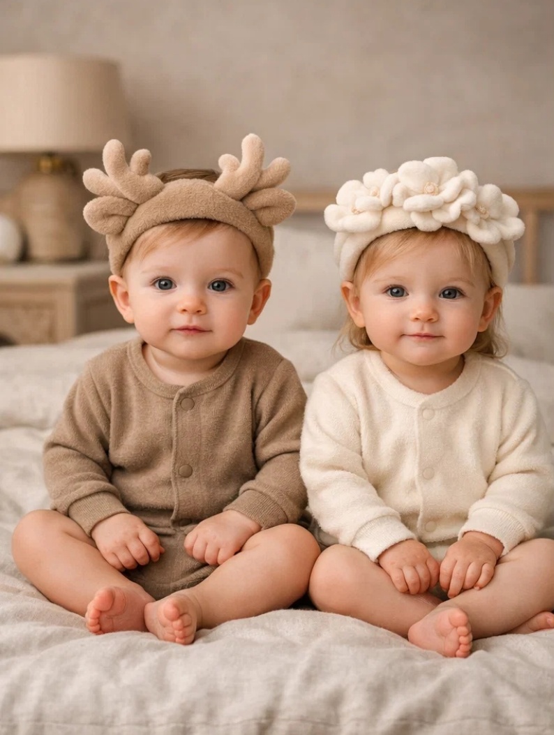 Removable Deer & Flower Doll Baby Headbands for Gift Retail, Baby Boutiques and Neutral Nursery Styling
