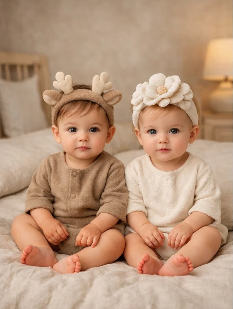 Luxury Deer & Floral Plush Infant Headband Set in Gift Box for Boutique Baby Stores and Soft Neutral Collections