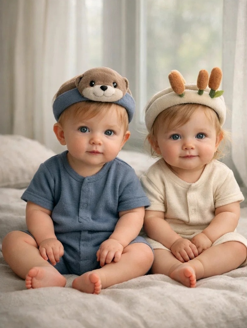 Removable Otter & Cattail Plush Baby Headband Set for Boutique Gift Collections, Newborn Styling and Soft Nature Themes
