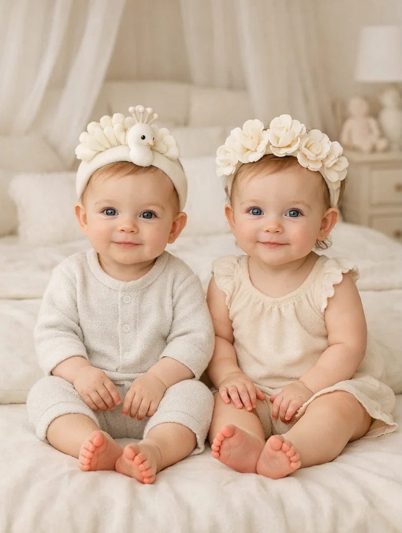 Ensemble de bandeaux bébé en peluche paon et fleurs amovibles pour boutiques cadeaux, shootings nouveau-né et collections premium