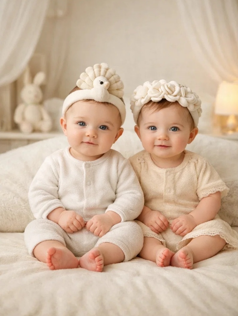 Duo de bandeaux bébé paon et fleurs détachables en peluche pour boutiques bébé, cadeaux naissance et vitrines élégantes