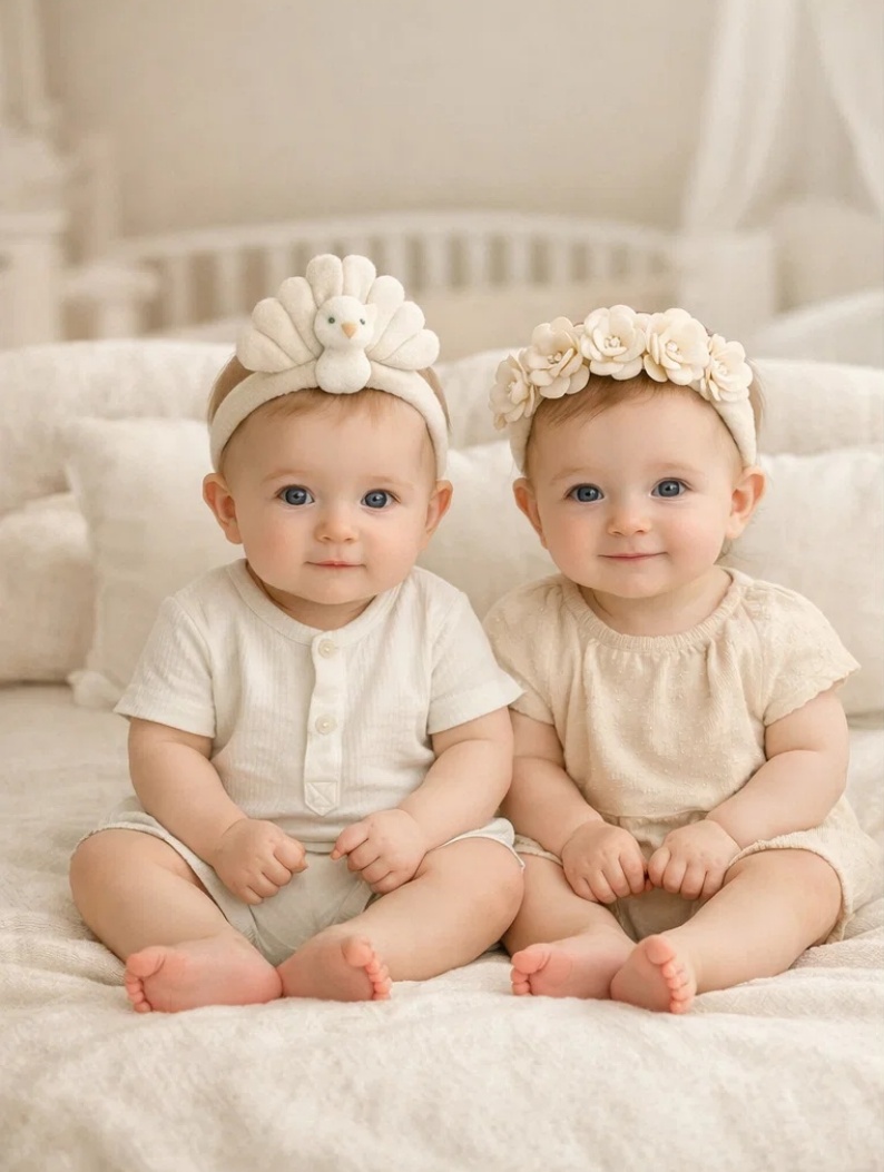 Coffret luxe bandeaux bébé paon et fleurs en peluche pour boutiques premium, cadeaux naissance et séances photo