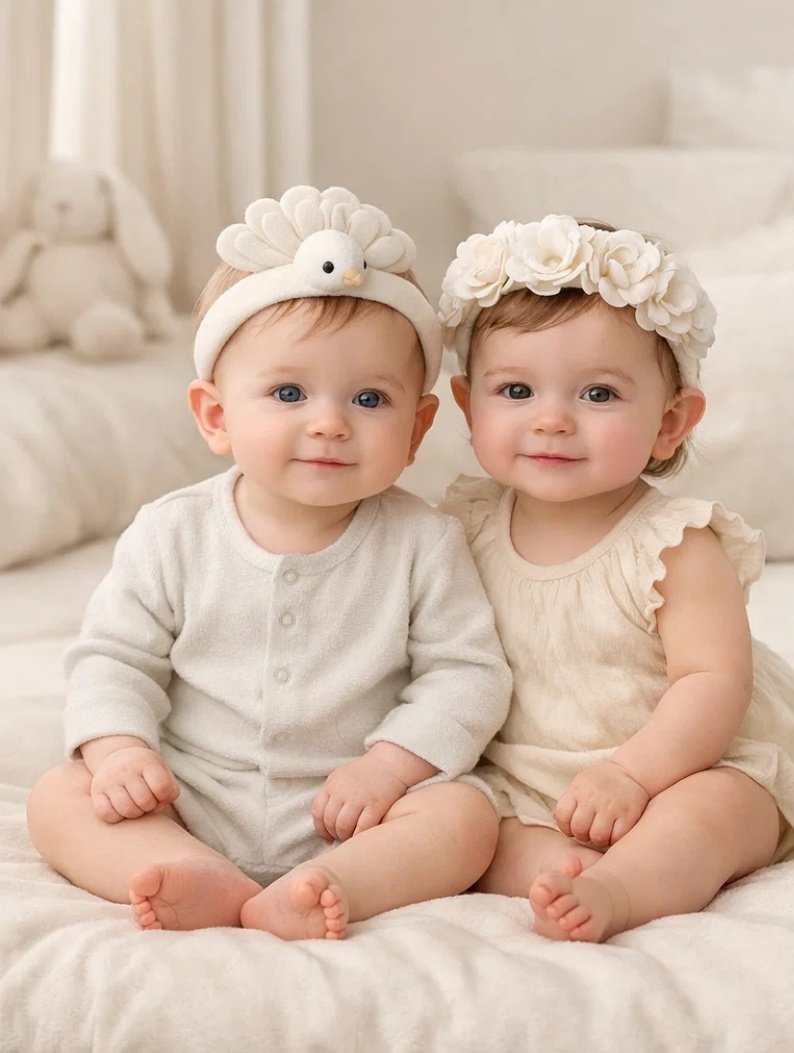 Bandeaux bébé paon et fleurs amovibles pour vente cadeau, boutiques bébé et collections romantiques ivoire