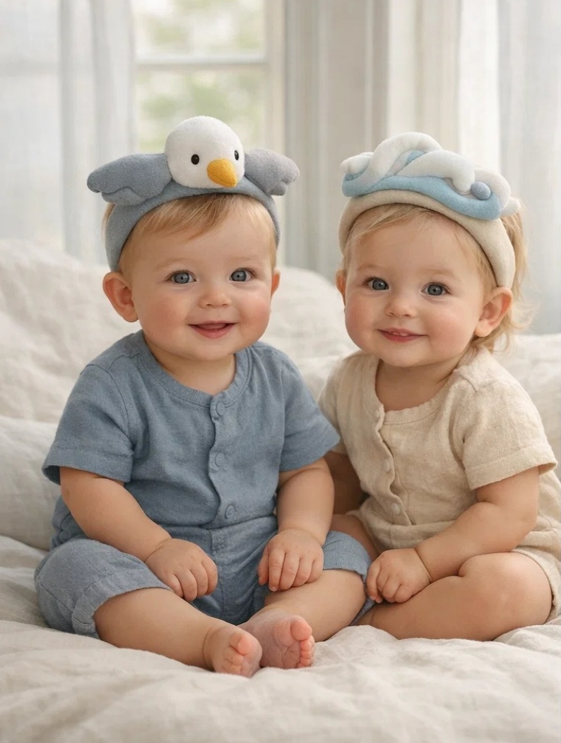 Duo de bandeaux bébé mouette et vagues détachables en peluche pour boutiques bébé, cadeaux naissance et vitrines côtières