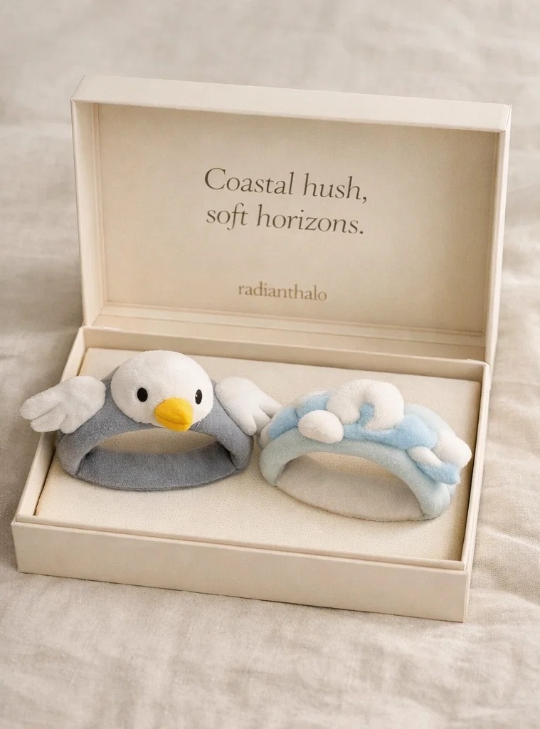 Coffret luxe bandeaux bébé mouette et vagues en peluche pour boutiques premium, cadeaux naissance et séances photo