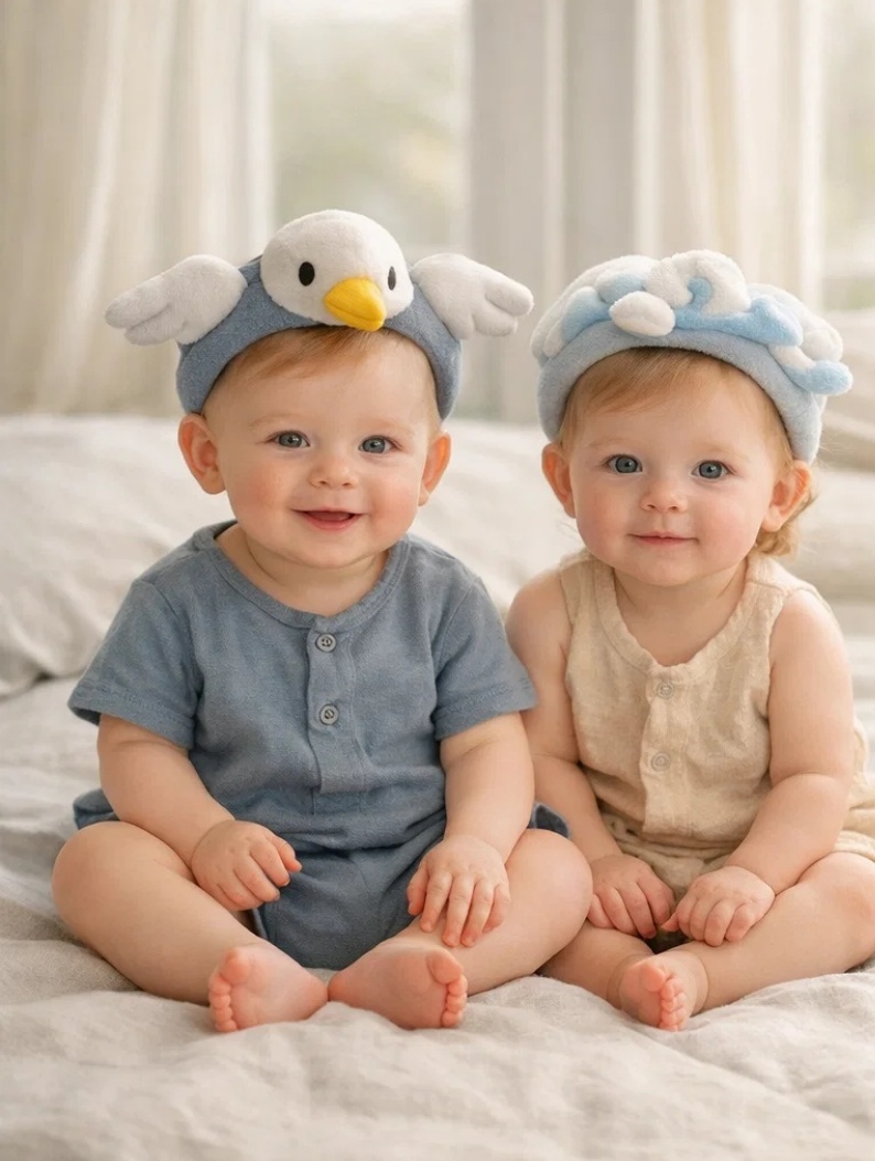 Coffret luxe bandeaux bébé mouette et vagues en peluche pour boutiques premium, cadeaux naissance et séances photo