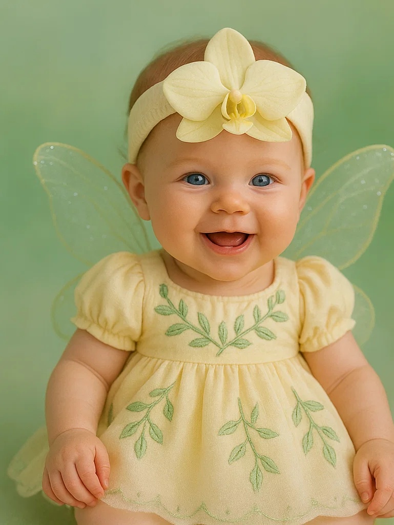 Conjunto Bebê com Tiara de Orquídea e Vestido de Anjo – Roupa Fofa para Fotos 0-2 Anos