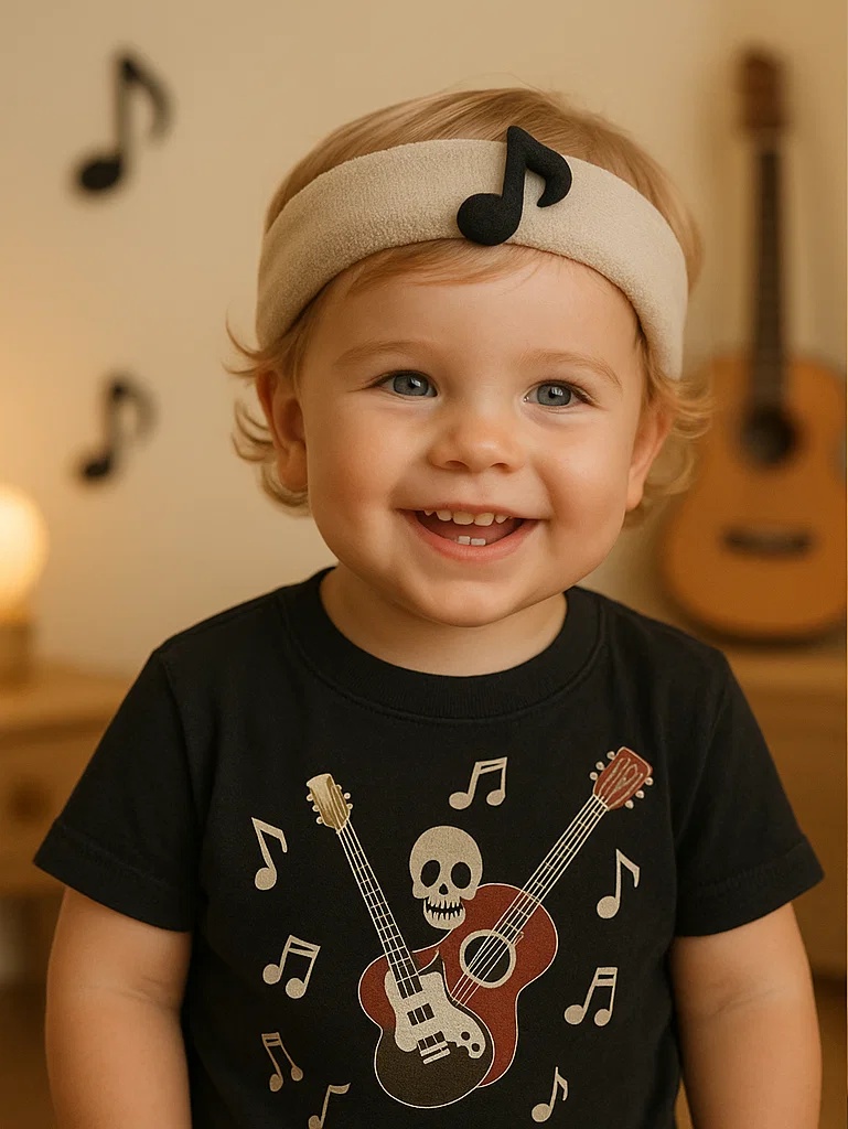 Baby-Stirnband mit Musiknoten – Weich, süß und rockig für kleine Stars