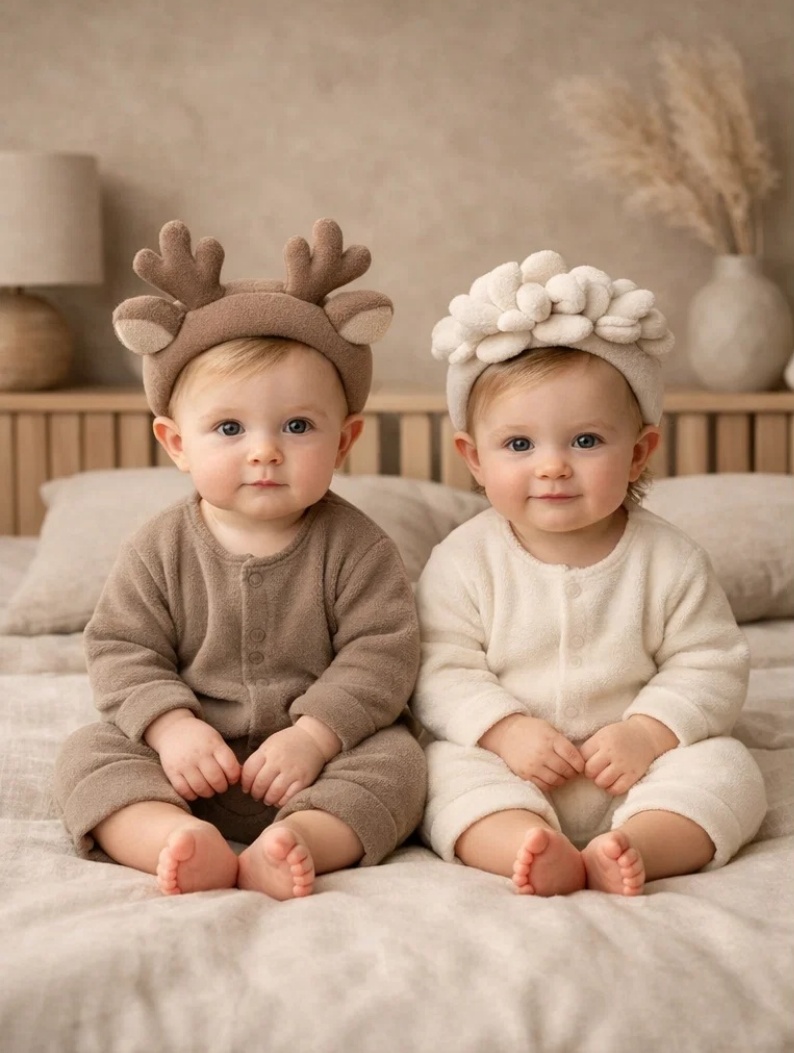 Duo de bandeaux bébé faon et fleurs détachables en peluche pour boutiques bébé, cadeaux naissance et vitrines neutres