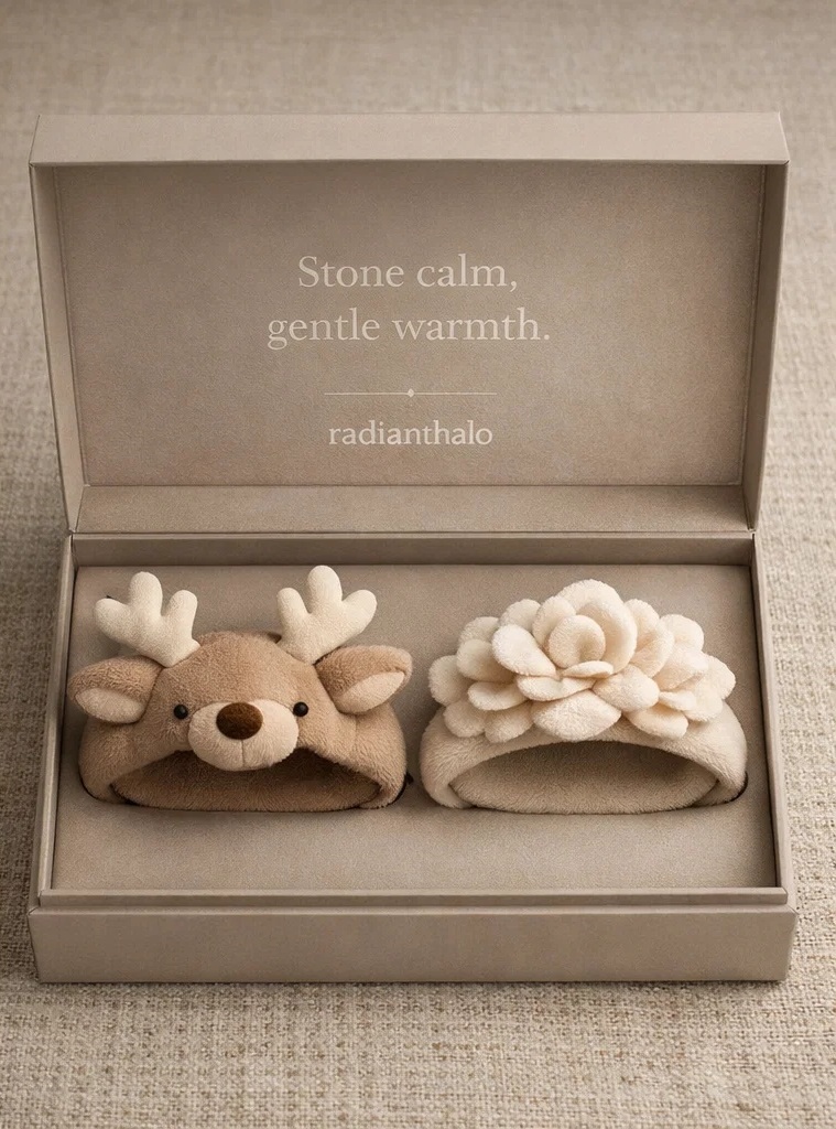 Coffret luxe bandeaux bébé faon et fleurs en peluche pour boutiques premium, cadeaux naissance et séances photo