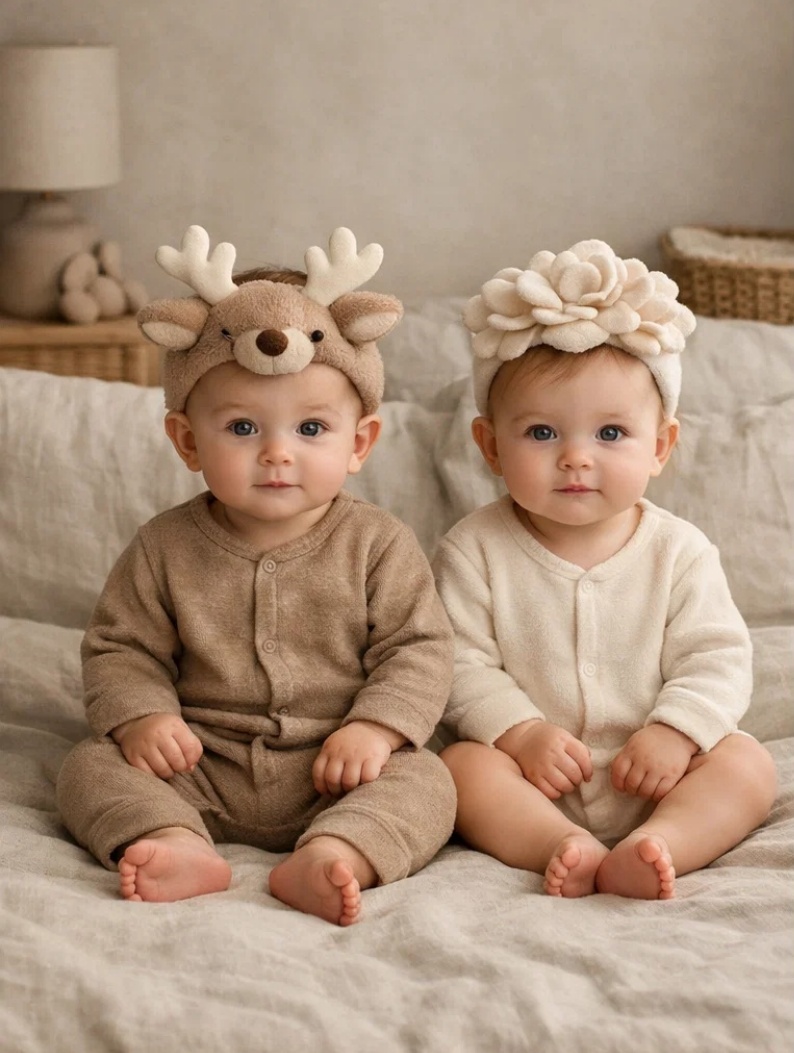 Coffret luxe bandeaux bébé faon et fleurs en peluche pour boutiques premium, cadeaux naissance et séances photo